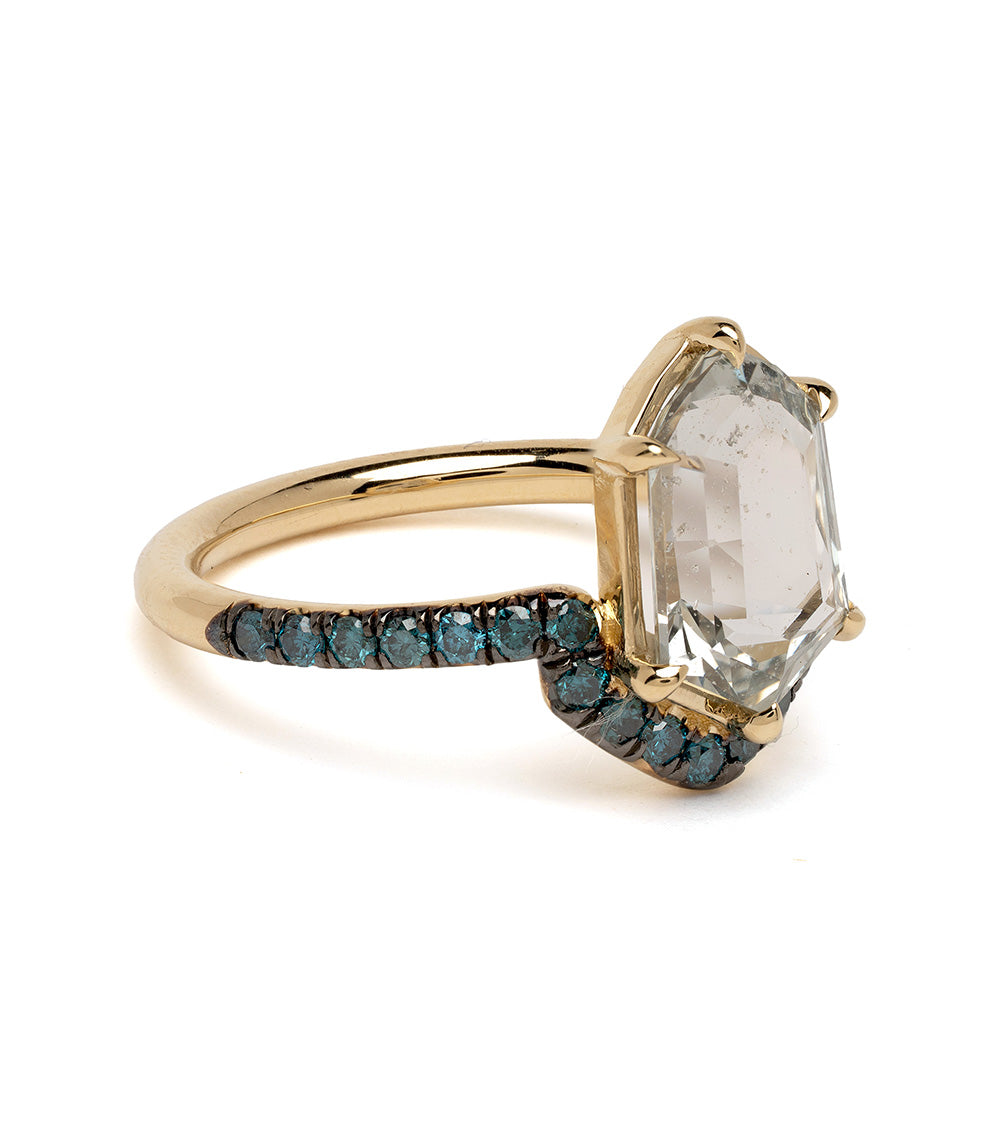 Aura by SK-R120-Sapph-THex-3.25 asymmetrical engagement ring in gold with clear center stone and blue accents