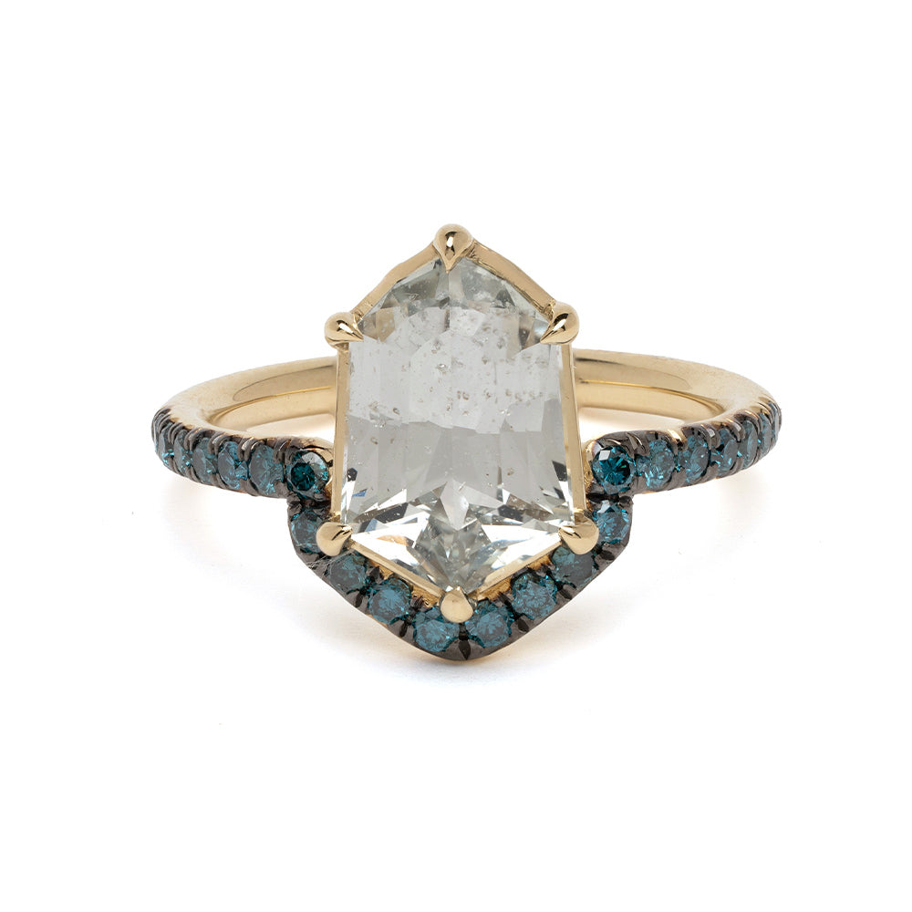 Aura SK-R120-Sapph-THex-3.25 unique engagement ring in gold with clear center stone, blue halo detail, understated
