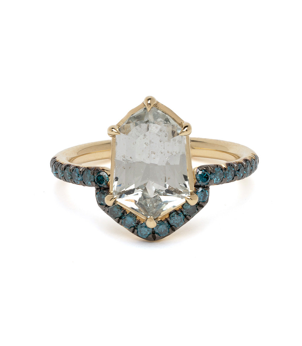 Aura SK-R120-Sapph-THex-3.25 unique engagement ring in gold with clear center stone, blue halo detail, understated