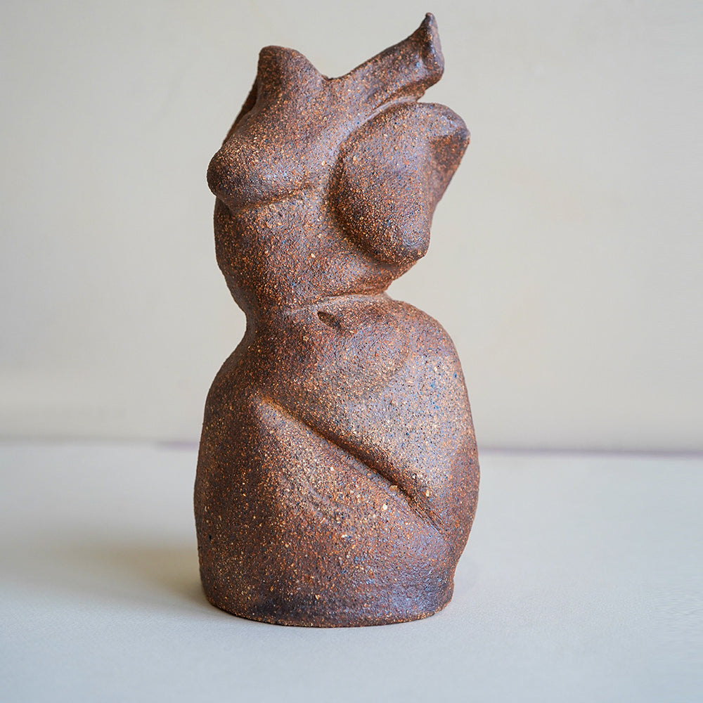 Petite Minimal Bud Vase RM-MINI-5 in speckled brown ceramic, sculptural abstract form on white surface.
