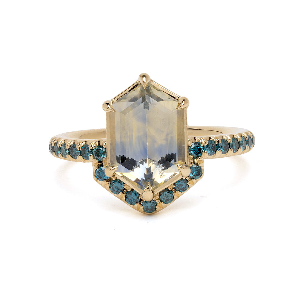 Aura SK-R120-Sapph-Hex-3.25 gold engagement ring with square center stone and blue sapphire accents