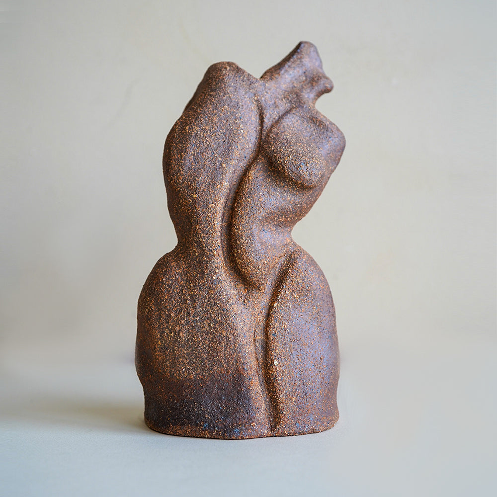 Petite Minimal Bud Vase by RM-MINI-6, bronze and blue speckled ceramic bud vase with sculpted curves