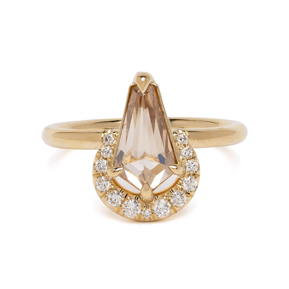 Aura Crescent by SK-R120-CD-KS-1.89 unique engagement ring in gold with pear-shaped center and diamond halo