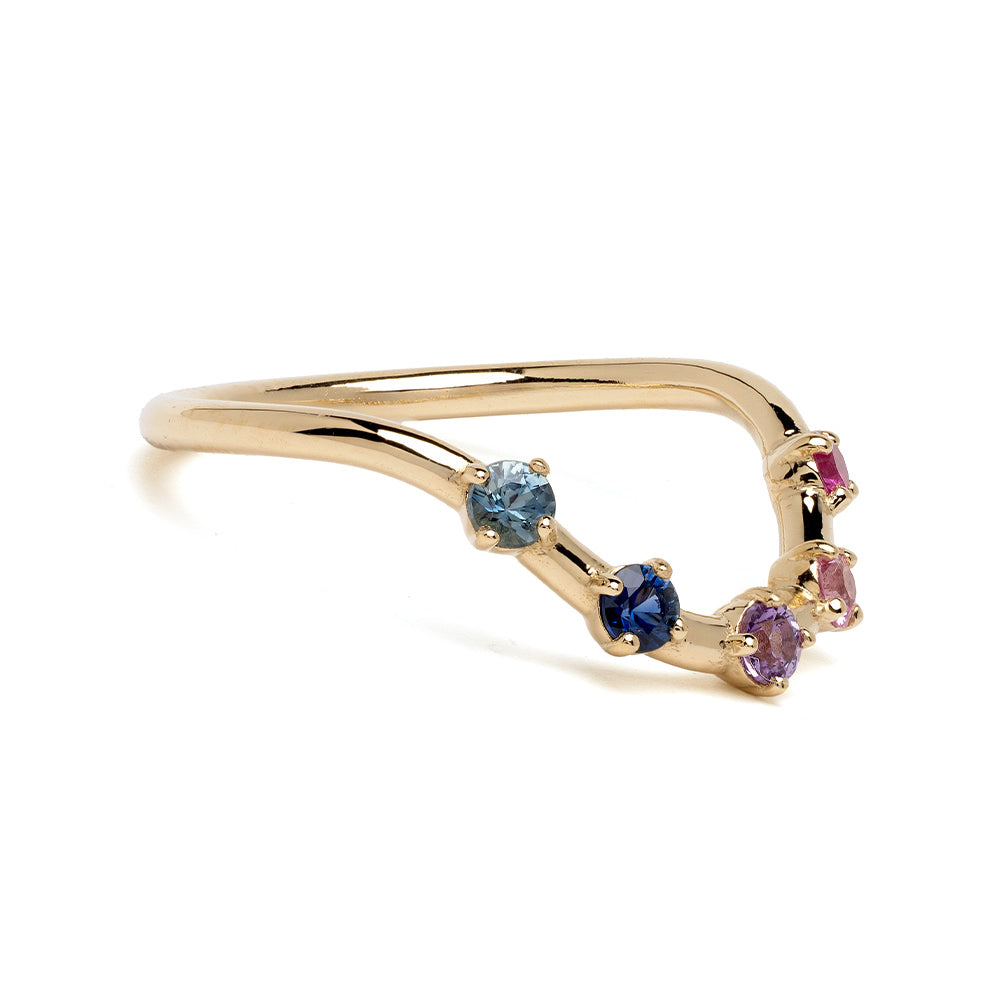 Halo Nesting Band NB-R4-PSP ring in 14K yellow gold with halo stones in blue, purple, and pink