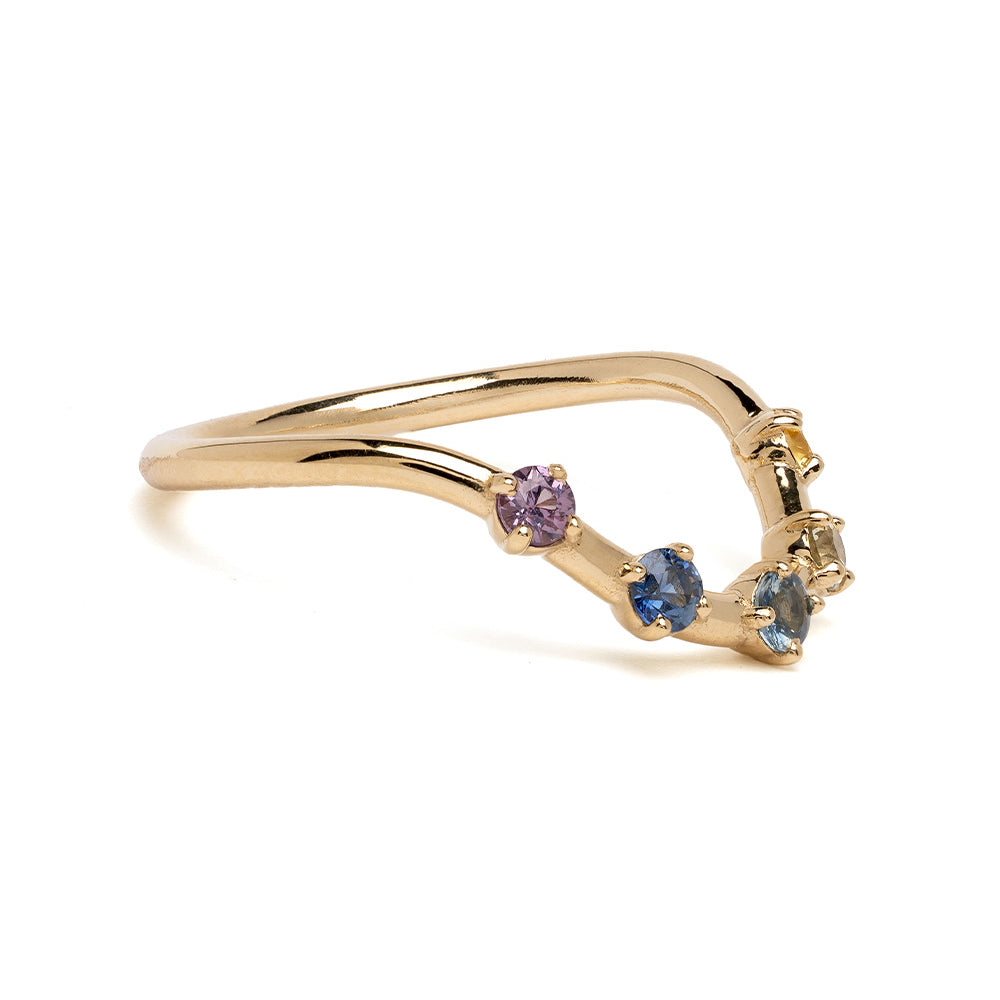 Halo Nesting Band NB-R4-BSP 14K yellow gold ring with 3 stone purple and blue gemstones, shiny.