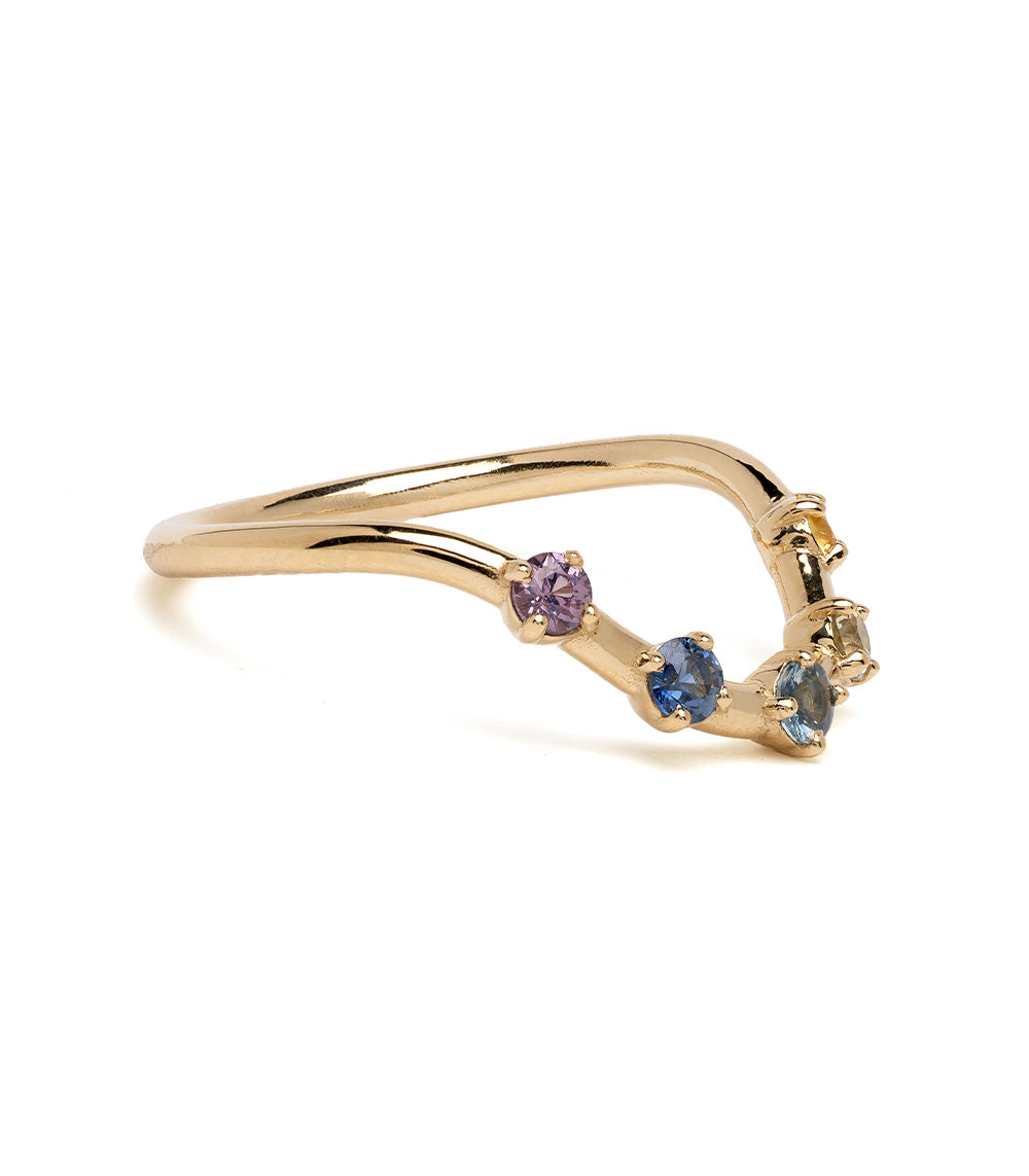Halo Nesting Band NB-R4-BSP 14K yellow gold ring with 3 stone purple and blue gemstones, shiny.