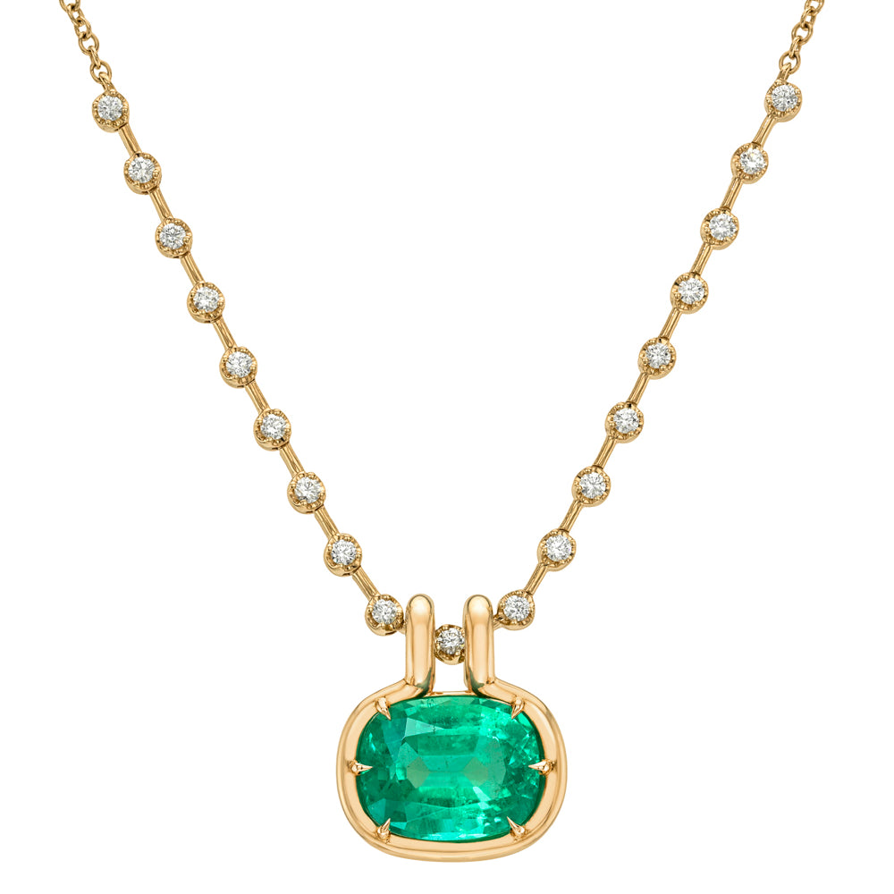 14k Yellow Gold 19 Diamond Gold Bar Necklace With Emerald Pendant Sk P114 Em Cl Ew St Cu 3.83 B
