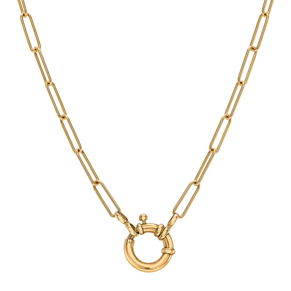 A gold paperclip chain necklace with a small circular ring pendant, shown against a plain white background.
