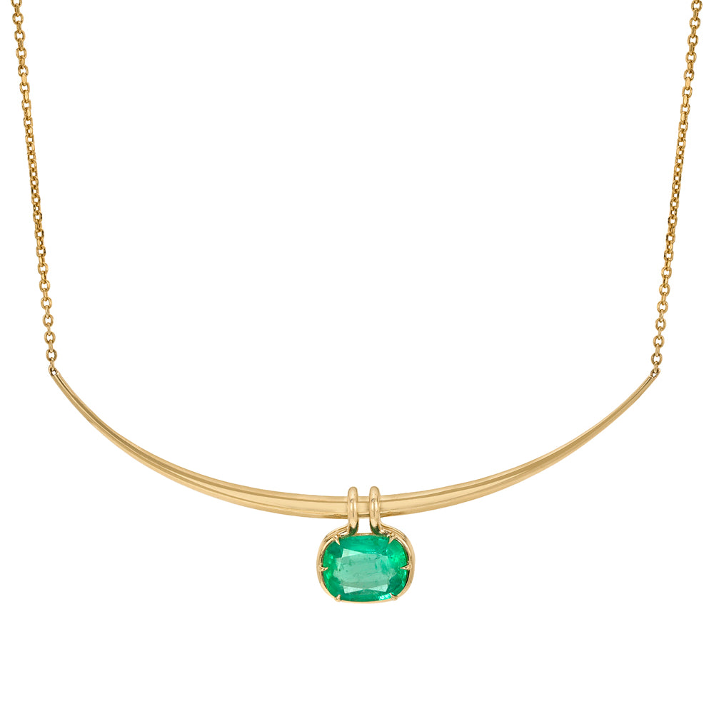 14k Yellow Gold Tapered Crescent Bar Necklace With Emerald Pendant On Oval Chain Necklace Sk N4 V2 B