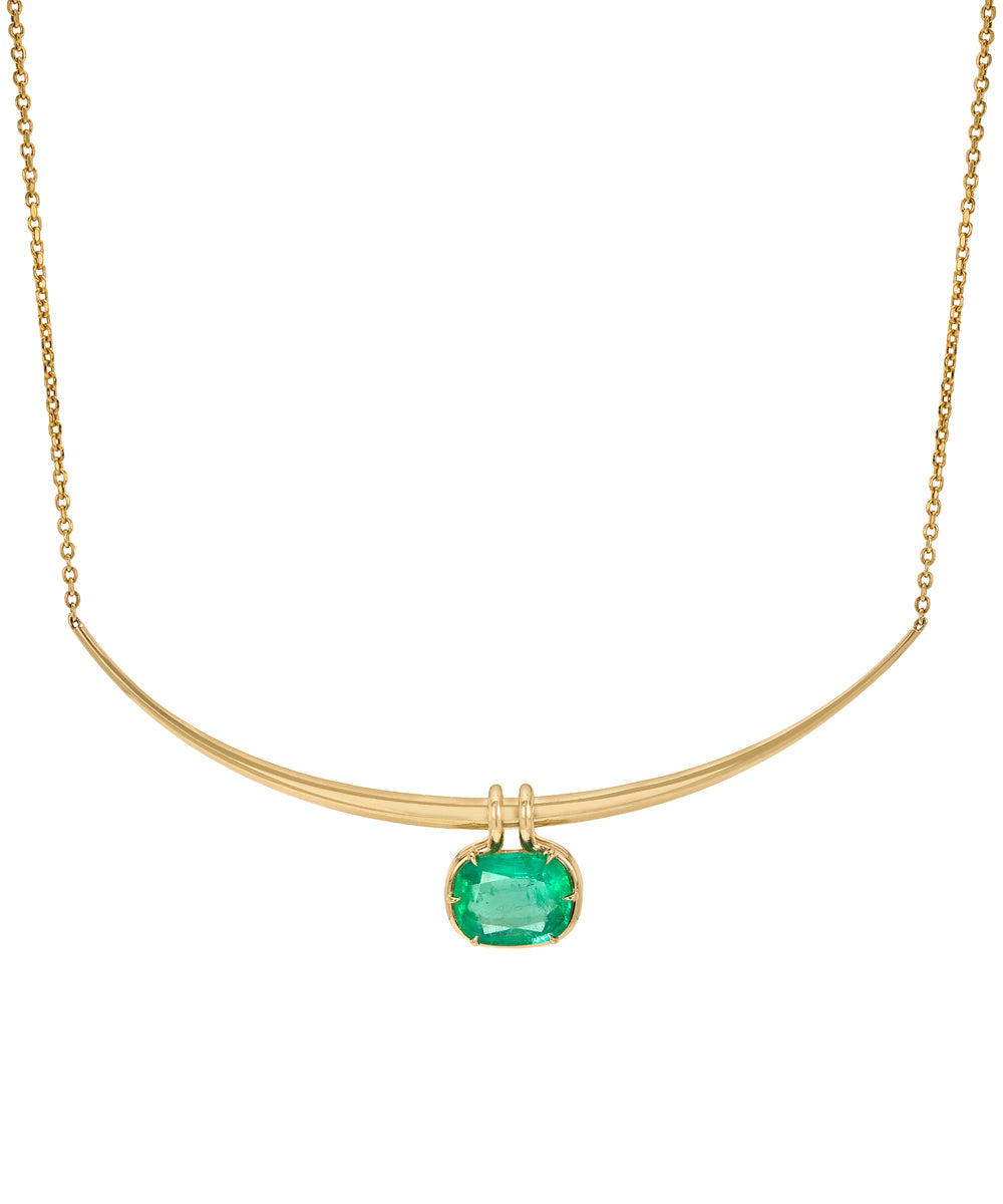 14k Yellow Gold Tapered Crescent Bar Necklace With Emerald Pendant On Oval Chain Necklace Sk N4 V2 B