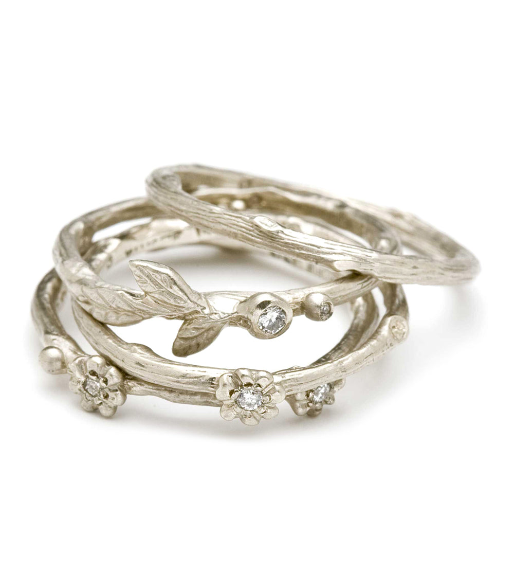 Twig Band by ES-R3 in 14K white gold, shiny twig motif with small round stones for an understated look bright studio light