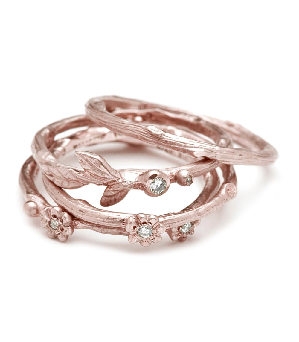 Twig Band ES-R1 ring in rose gold with vine leaf and small diamond accents, shiny finish