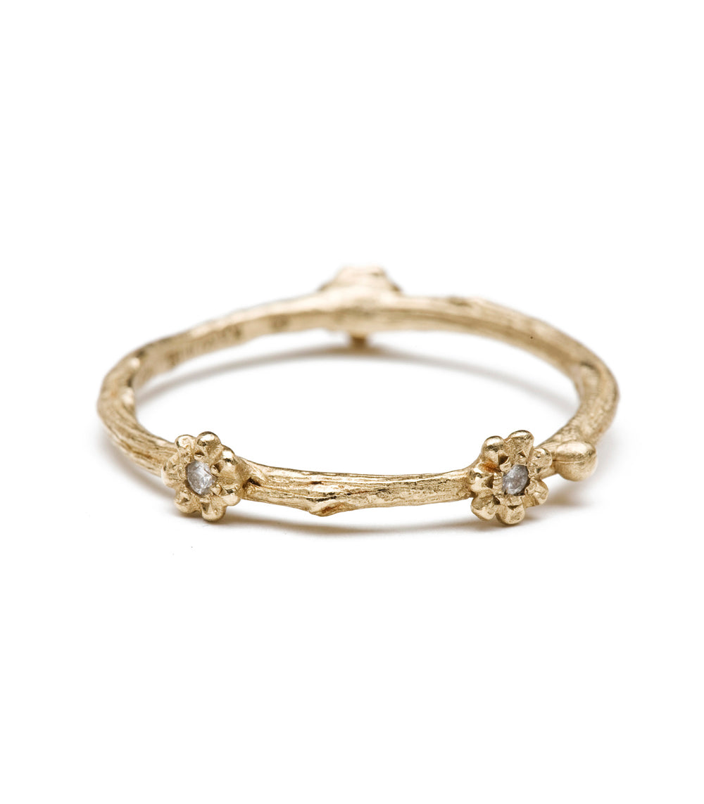 Twig Band ES-R3 14K yellow gold ring with twig-like texture and two small stones, understated shine.