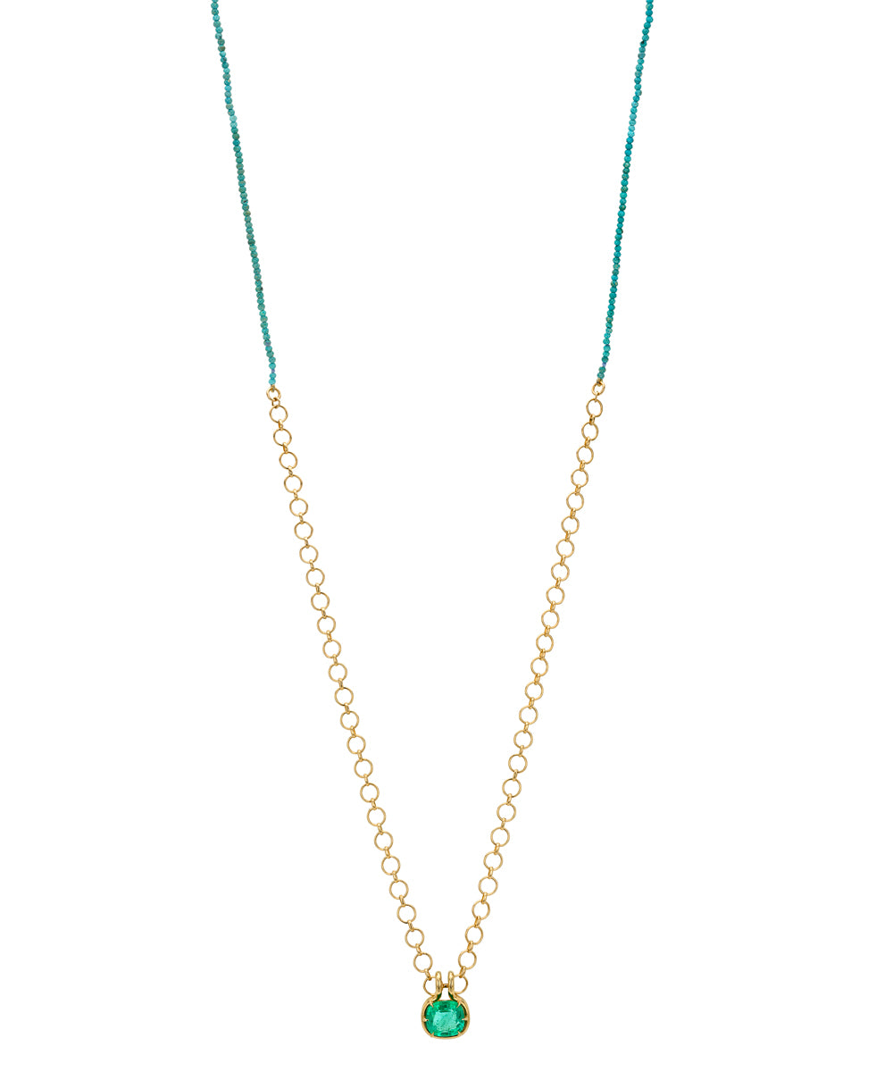 14k Loop Chain Necklace With Half Turquiose Chain And Emerald Cushion Pendant Wrapped In Gold Sk Cn C8 Turq B
