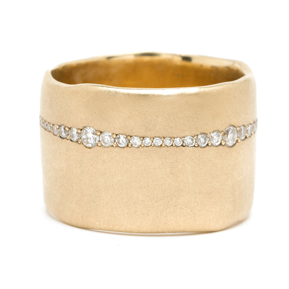 Torn Paper Band With Horizontal Diamond Stripe by P-R6-HS 14K yellow gold ring with horizontal diamond stripe