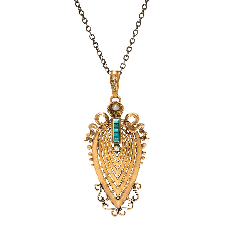Badge d'Honneur Victorian Pendant by VC-N53 in gold with teal and white pearl teardrop filigree