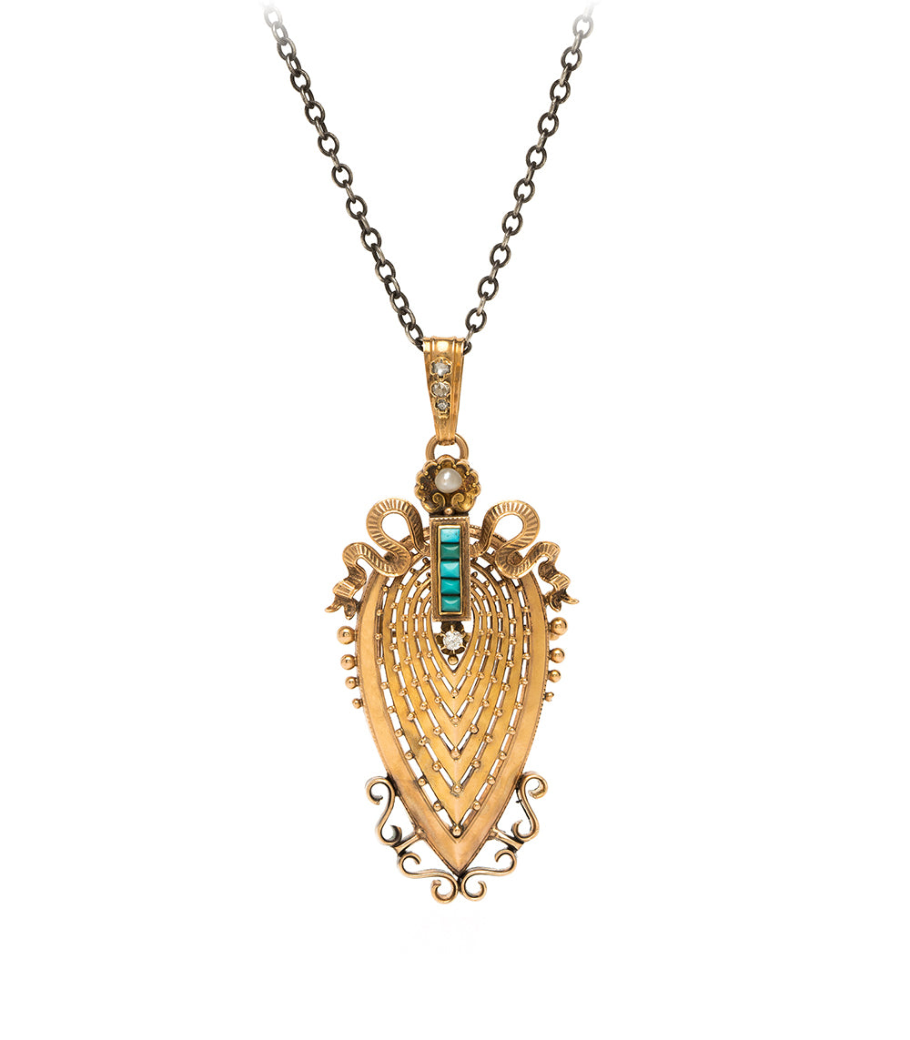 Badge d'Honneur Victorian Pendant by VC-N53 in gold with teal and white pearl teardrop filigree