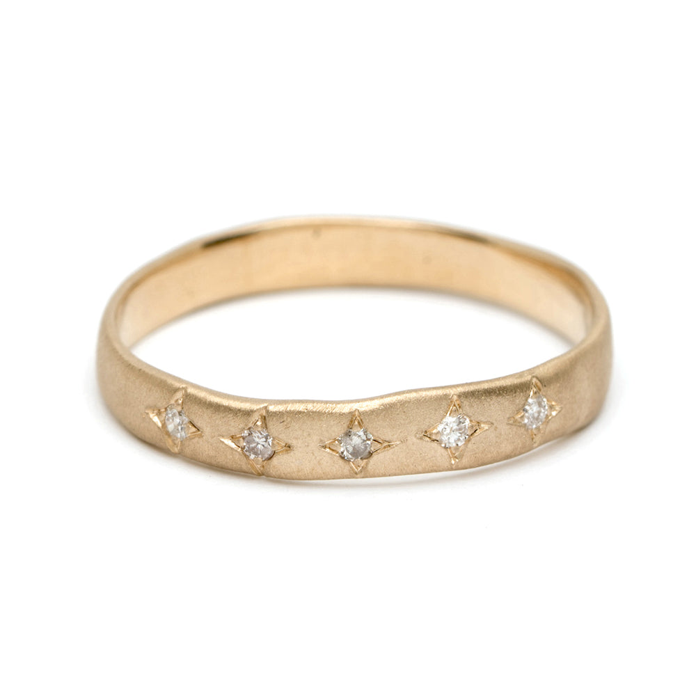 Torn Paper Band P-R1-5Star 14K yellow gold band with five round diamonds on a shiny finish