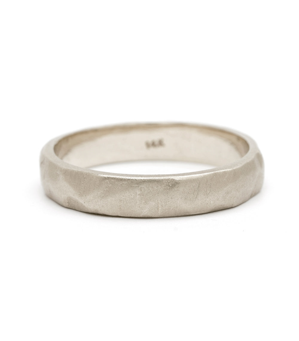 Raw Texture Wedding Band by M-R1-4.5 in matte white gold, with rugged raw-texture finish and clean profile