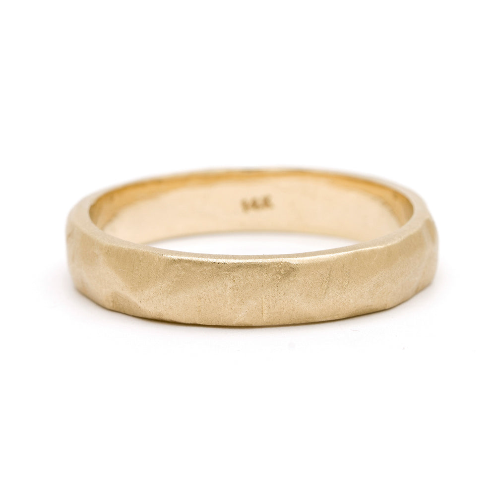 Raw Texture Wedding Band M-R1-4.5 matte 14K yellow gold wedding band with raw textured finish