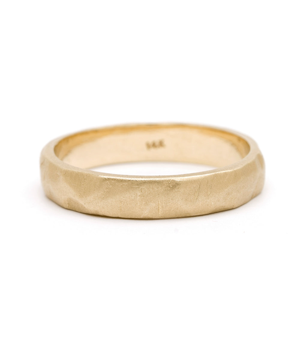 Raw Texture Wedding Band M-R1-4.5 matte 14K yellow gold wedding band with raw textured finish