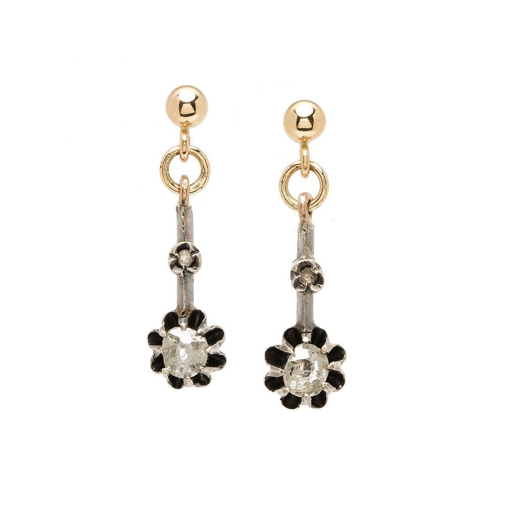 Victorian Buttercup Diamond Earrings II by VC-E28 with gold hooks, black accents, and clear stone blooms