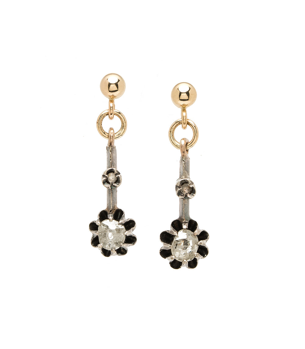 Victorian Buttercup Diamond Earrings II by VC-E28 with gold hooks, black accents, and clear stone blooms