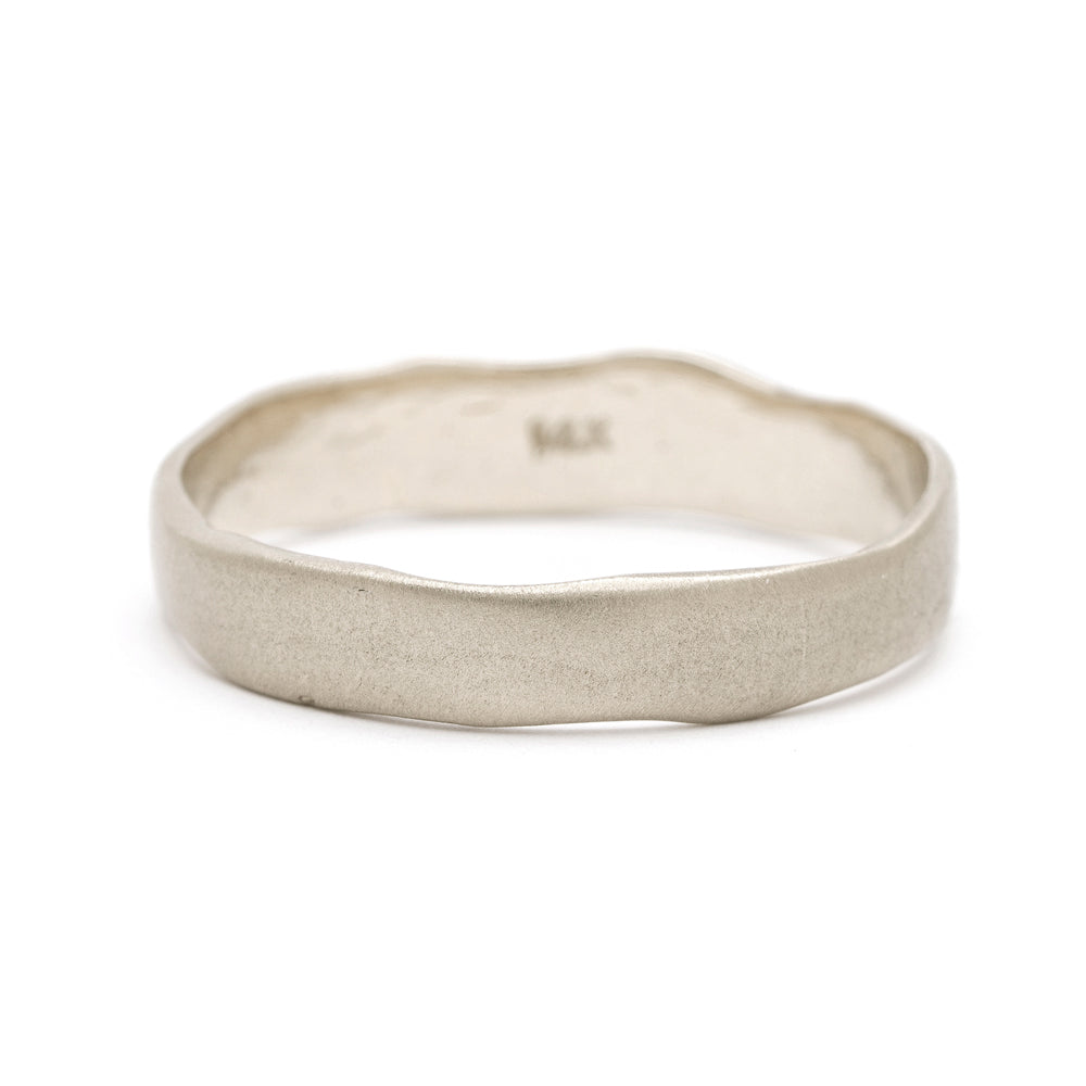 Torn Paper Wedding Band by M-R4-4 in 14K white gold, matte finish with torn paper textured edge