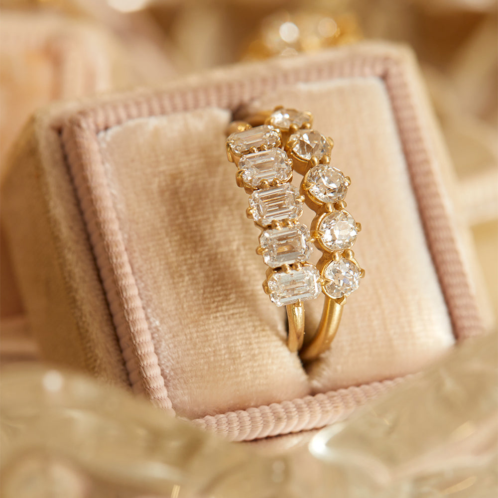 Claudette 5 Stone Band SK-R68-Band-EC gold five-stone diamond band with clear-cut sparkle in warm light.
