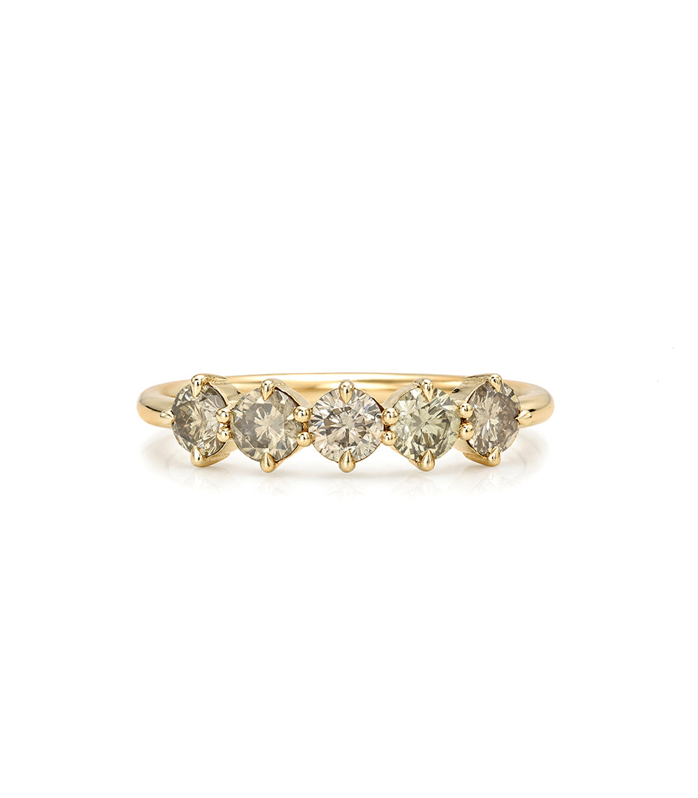A yellow gold diamond band pinky ring featuring five round-cut diamonds set in a row, shown against a plain white background.