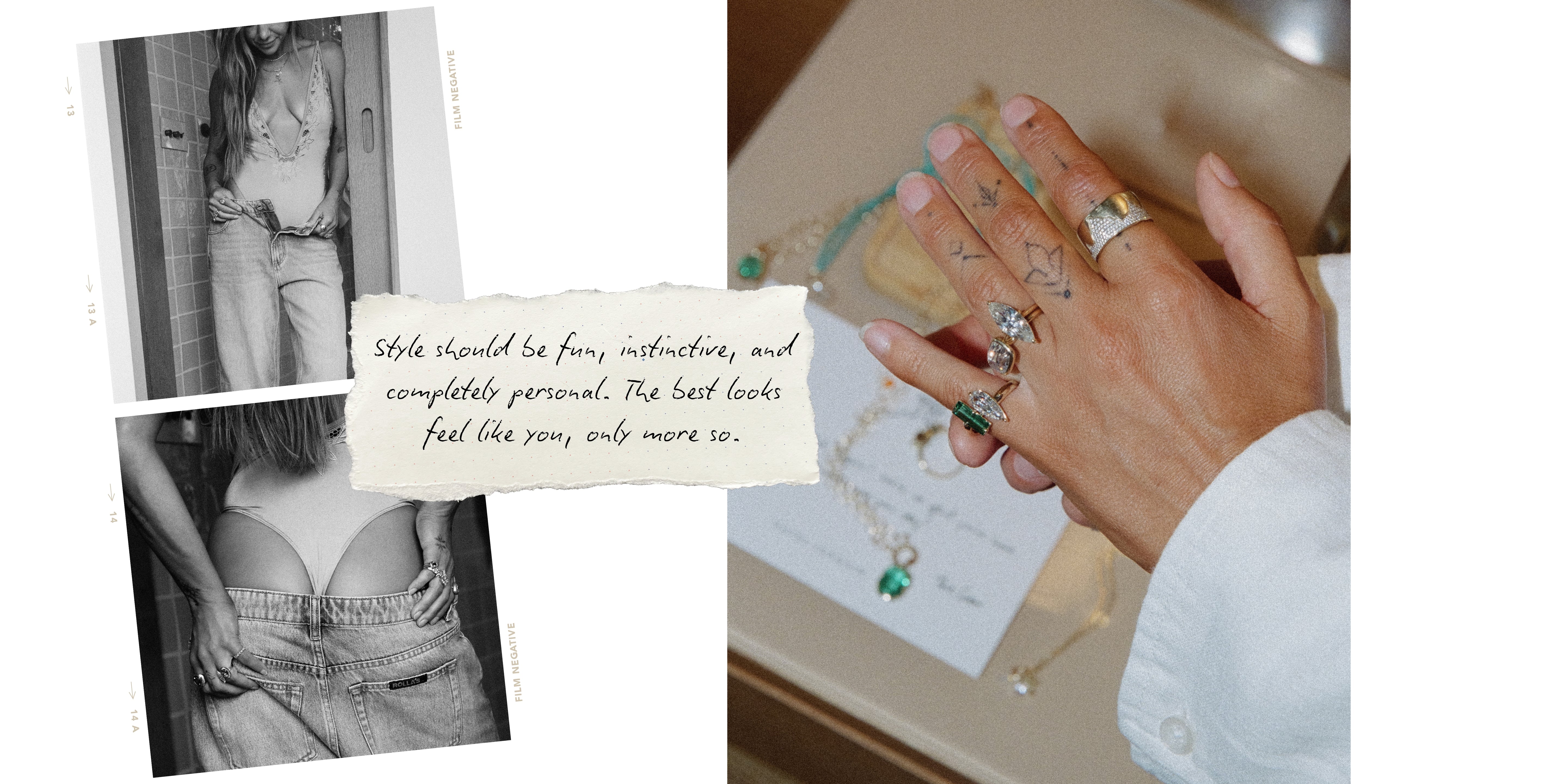 A collage-style lifestyle image showing a hand wearing multiple rings and a necklace, alongside black-and-white inset photos of a woman in denim and a handwritten note with inspirational text.