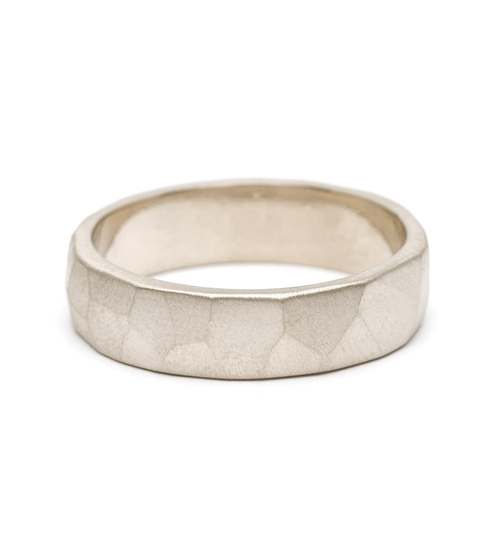 Faceted Wedding Band M-R2-6 in 14K white gold with matte finish and faceted texture