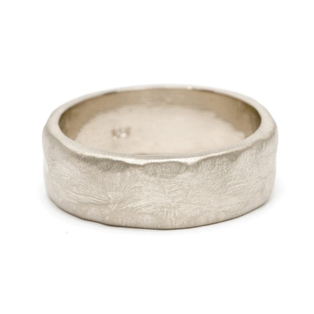 Raw Texture Wedding Band M-R1-6 matte 14K white gold ring with uneven raw texture finish
