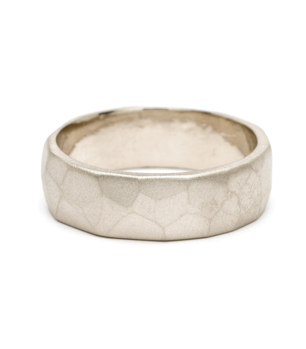 Faceted Wedding Band M-R2-7 men's matte 14K white gold ring, faceted texture in silvery tone