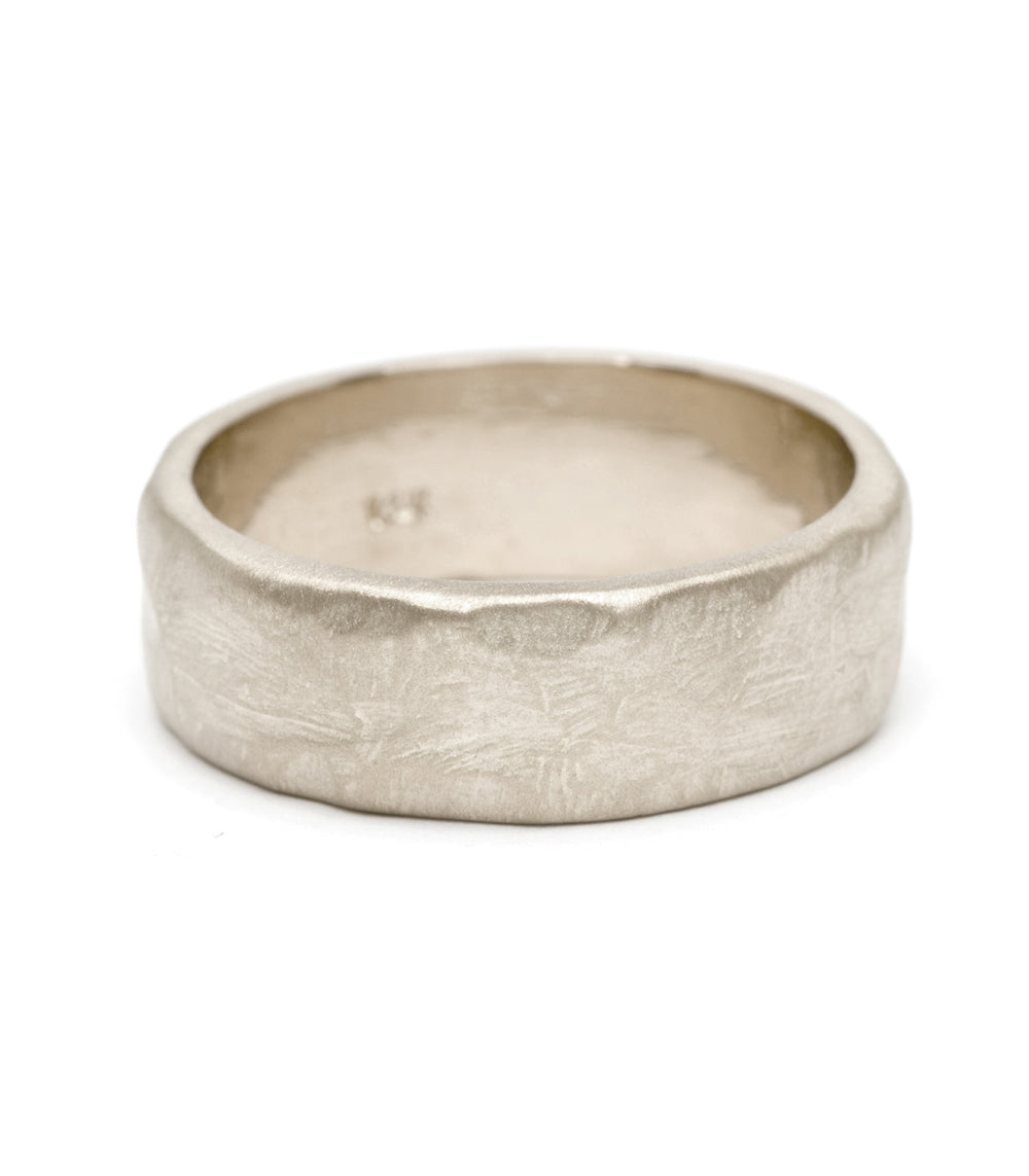 Raw Texture Wedding Band by M-R1-7, 14K white gold matte finish with raw textured band.