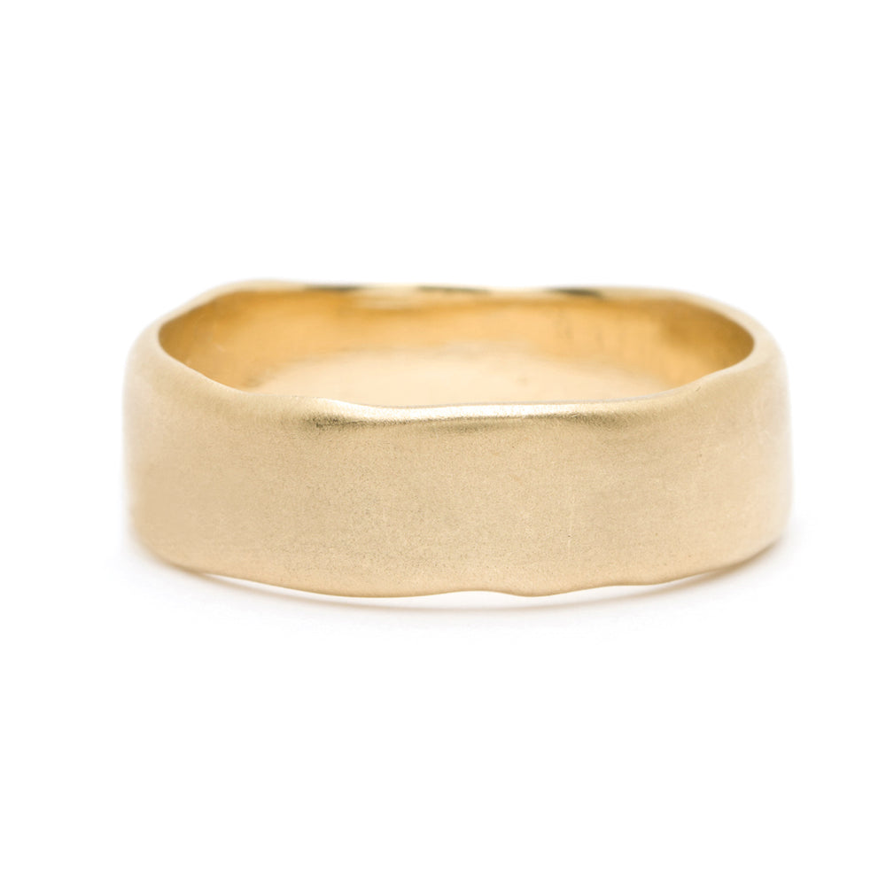 Torn Paper Wedding Band by M-R4-7 in 14K yellow gold with matte torn-paper texture.