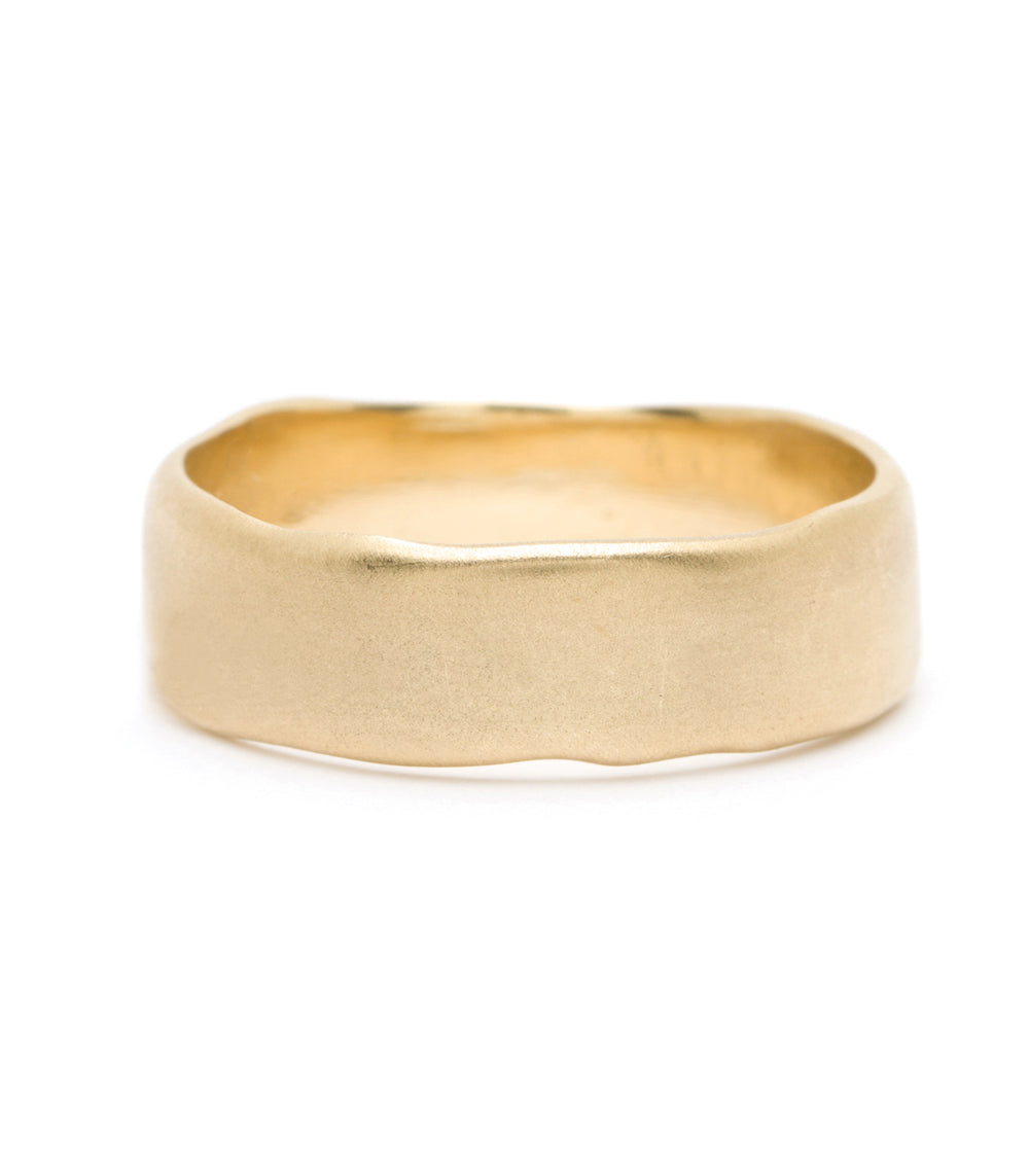Torn Paper Wedding Band by M-R4-7 in 14K yellow gold with matte torn-paper texture.