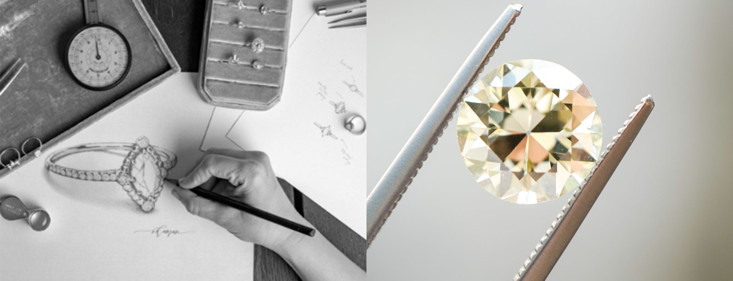 Unique engagement ring sketch shows a large cut diamond, held near a metal setting on drafting paper