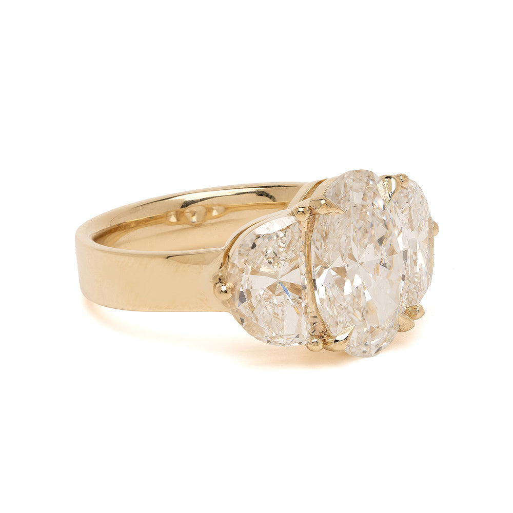 Charlie by Sofia Kaman 3 stone engagement ring in gold with lab grown diamond stones, understated sparkle