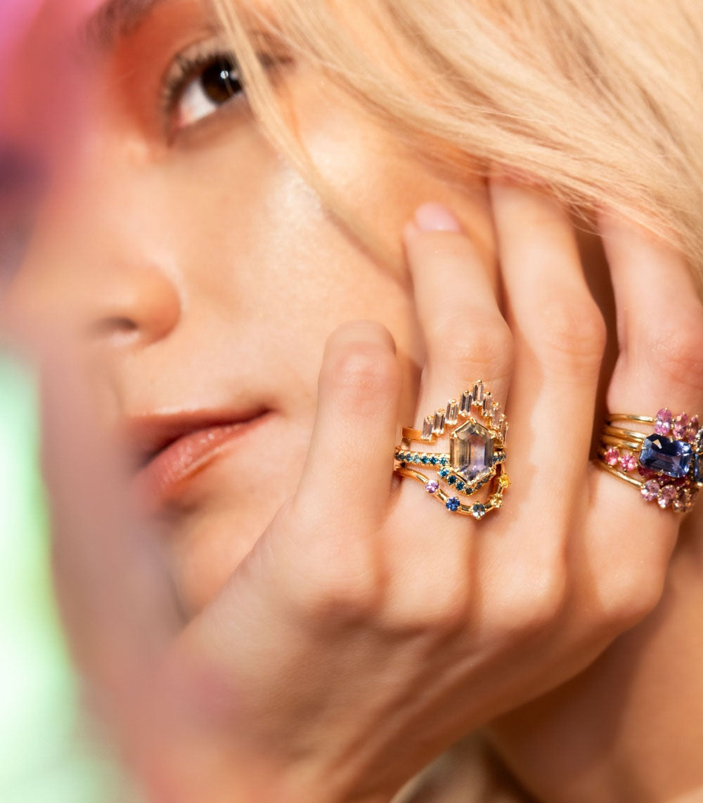Aura SK-R120-Sapph-Hex-3.25 unique engagement ring gold multi-stone design with colorful side accents