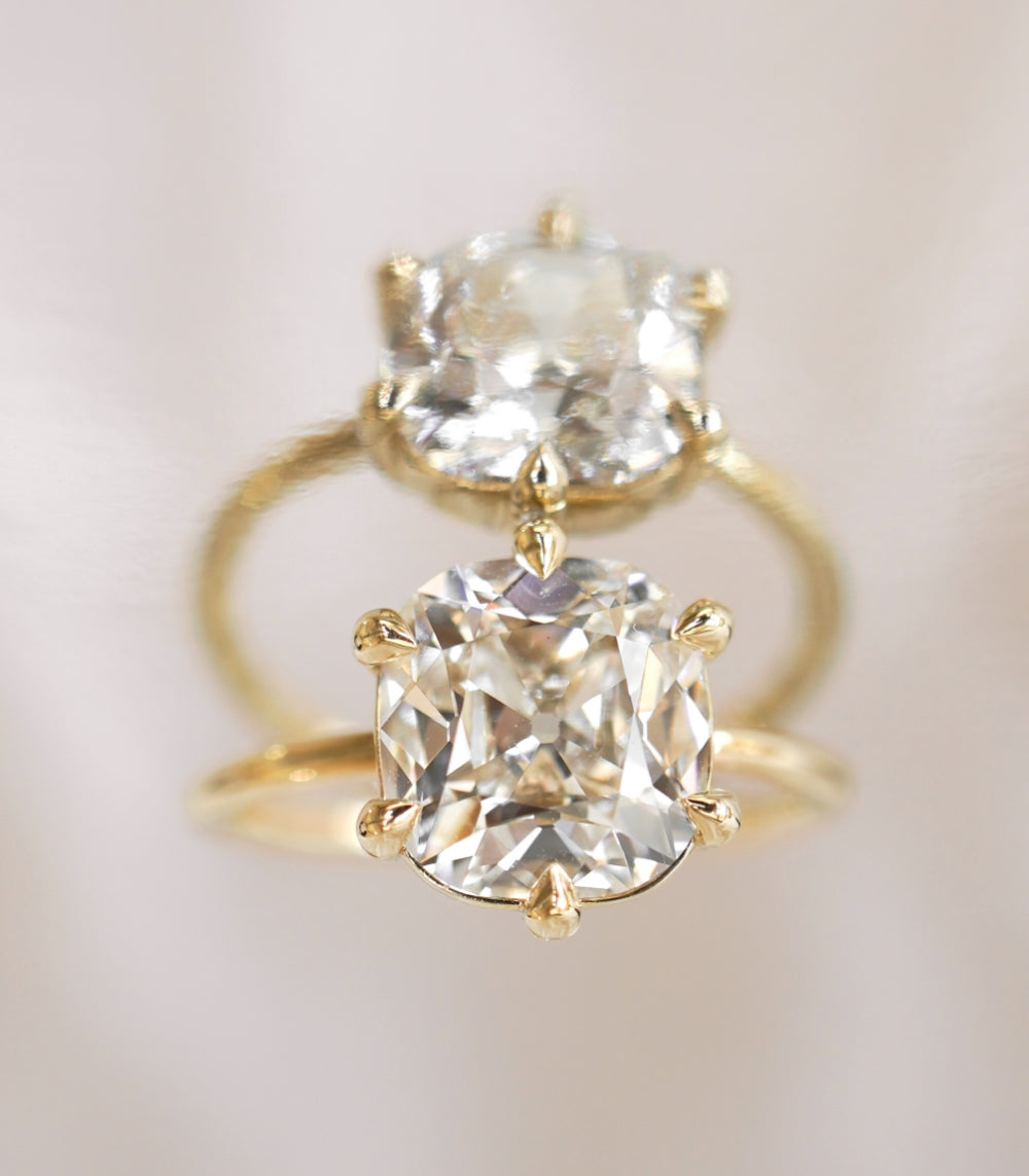 Ella by Sofia Kaman unique engagement ring in yellow gold with halo and round diamond sparkle
