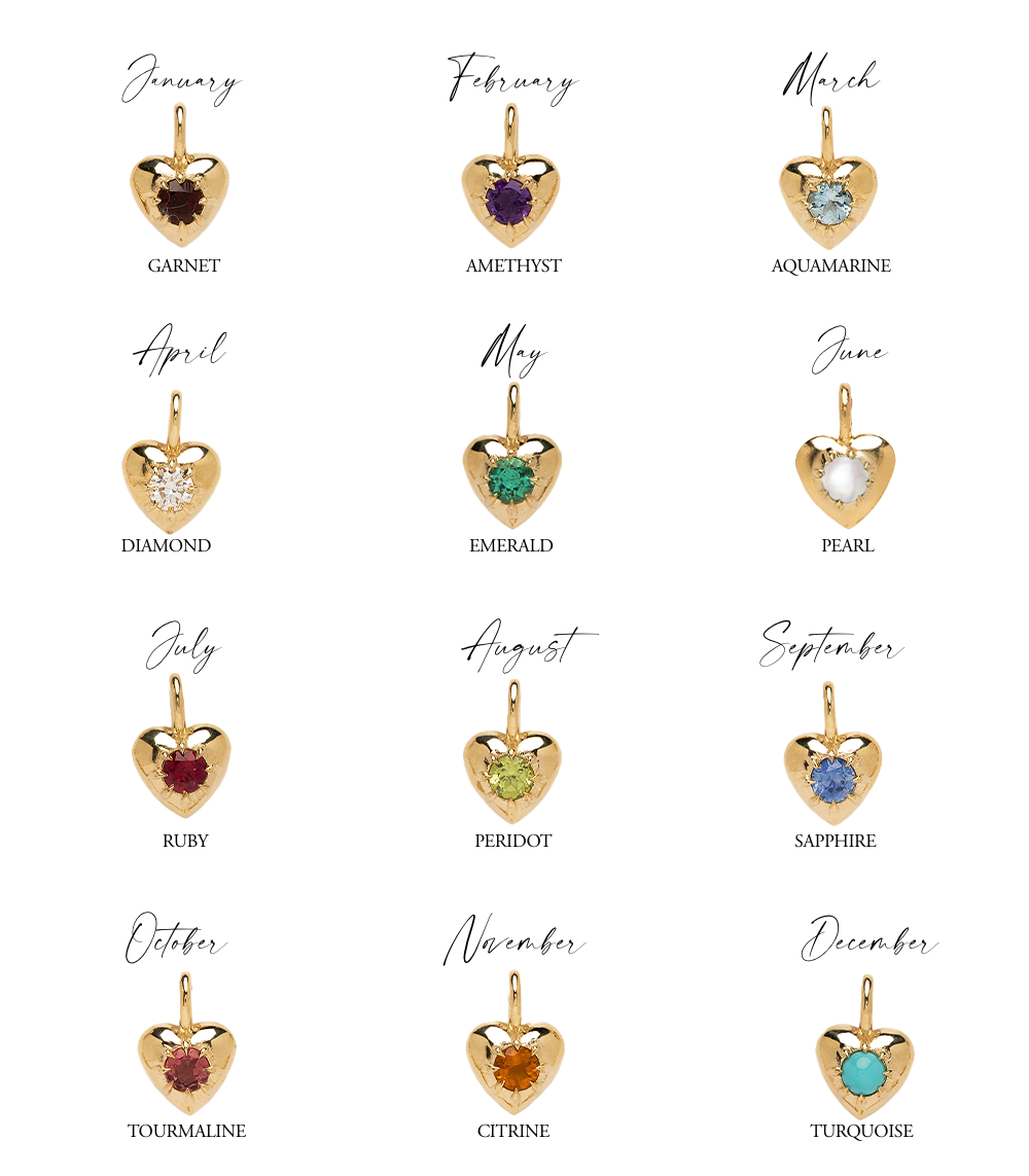 ID NECKLACE NO.3 by ID-N3 gold heart pendant necklace with sparkling birthstone stones and month labels