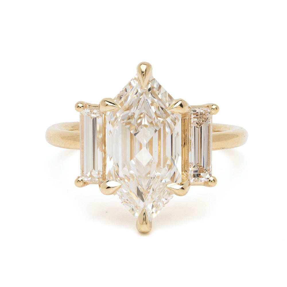 Lottie SK-R124-LGD-NS-HEX-3.51 gold engagement ring with radiant faceted center stone and slim band