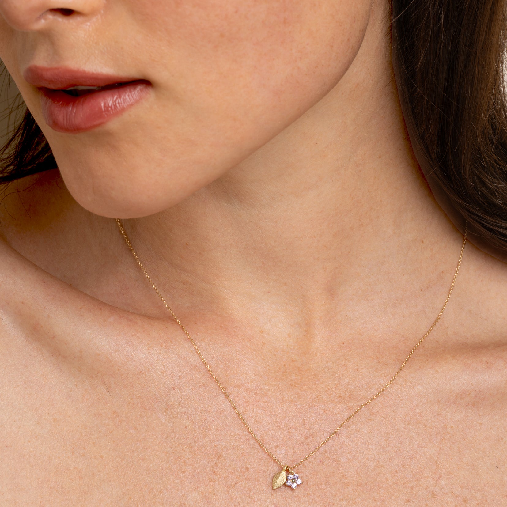 Let It Grow- Daisy and Leaf Charm Necklace by LF-N2L-PS, gold chain with daisy and leaf pendant on model