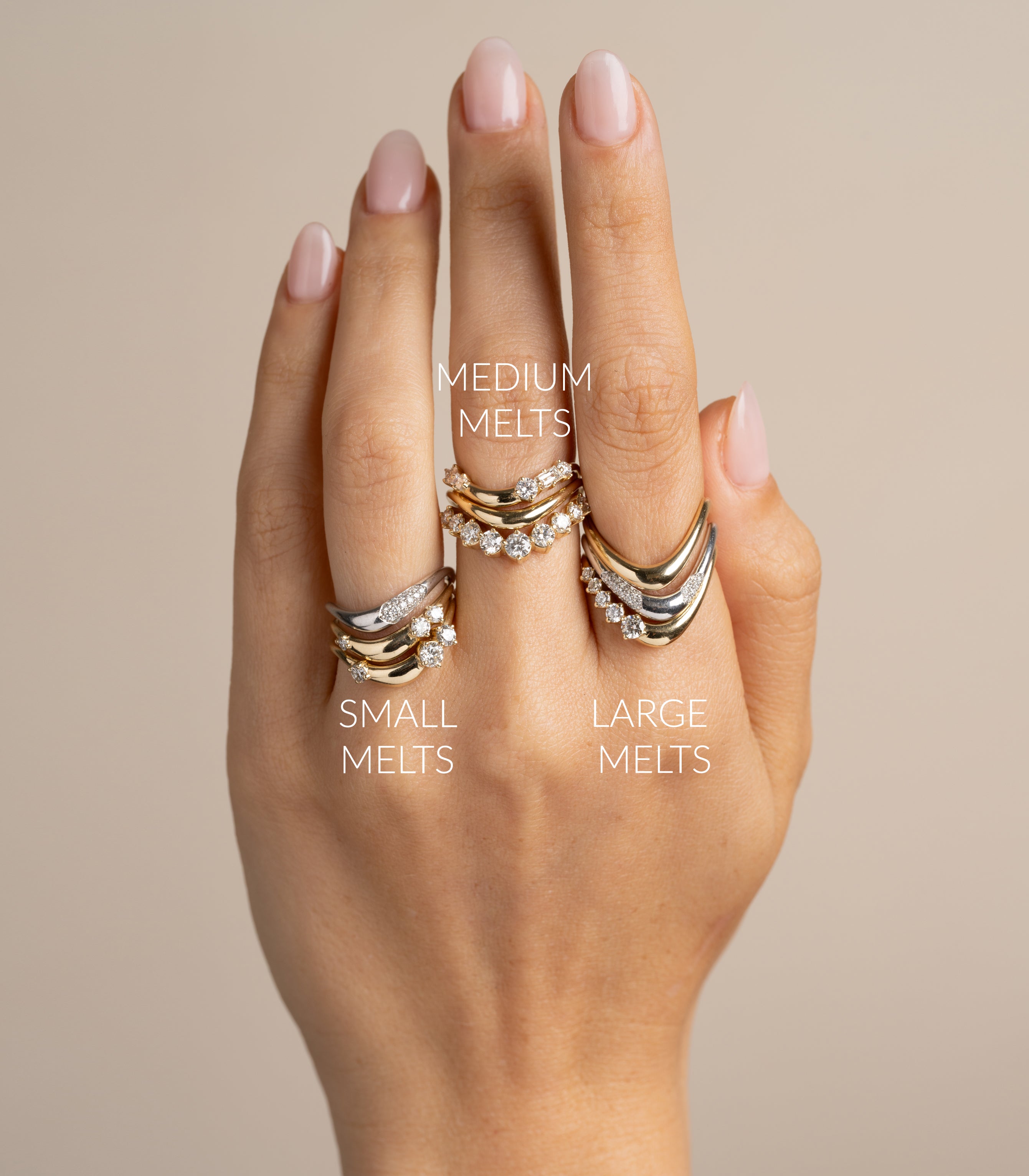 Unique engagement ring with asymmetrical curved gold bands and small round diamonds on a hand