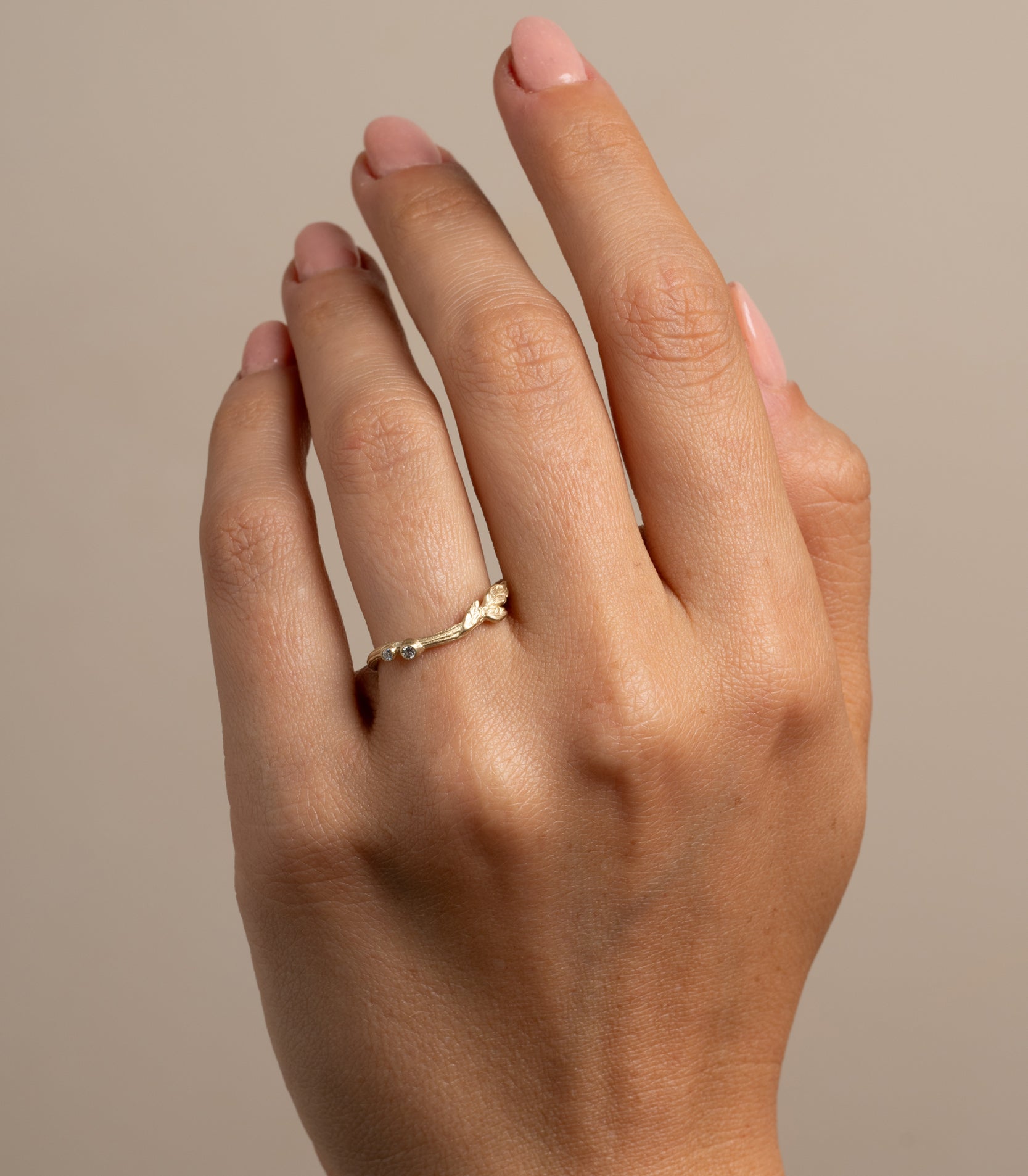 Twig Nesting Band ES-R39 understated 14K yellow gold engagement ring with two small stones, 2 stone engagement ring