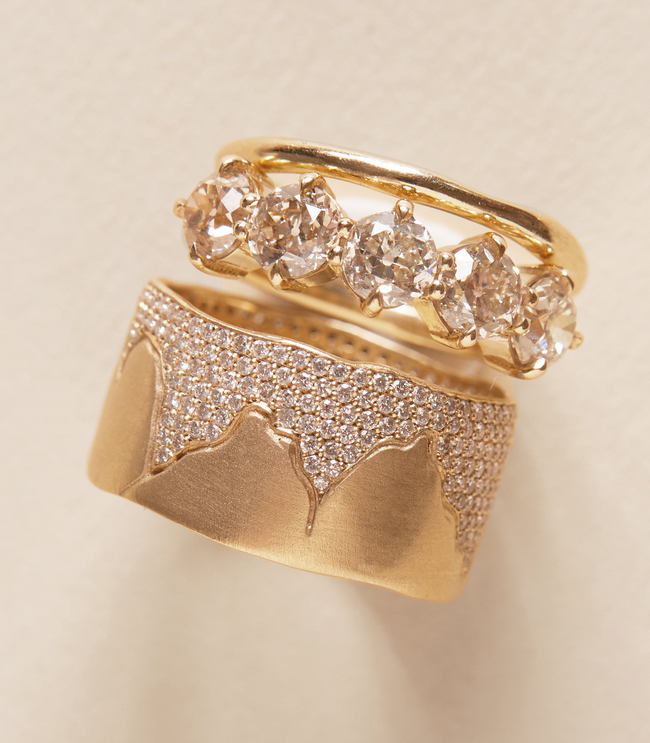 Cracked Band- 10mm by P-R4-Cracked in 14K yellow gold, cracked design with sparkling pavé texture
