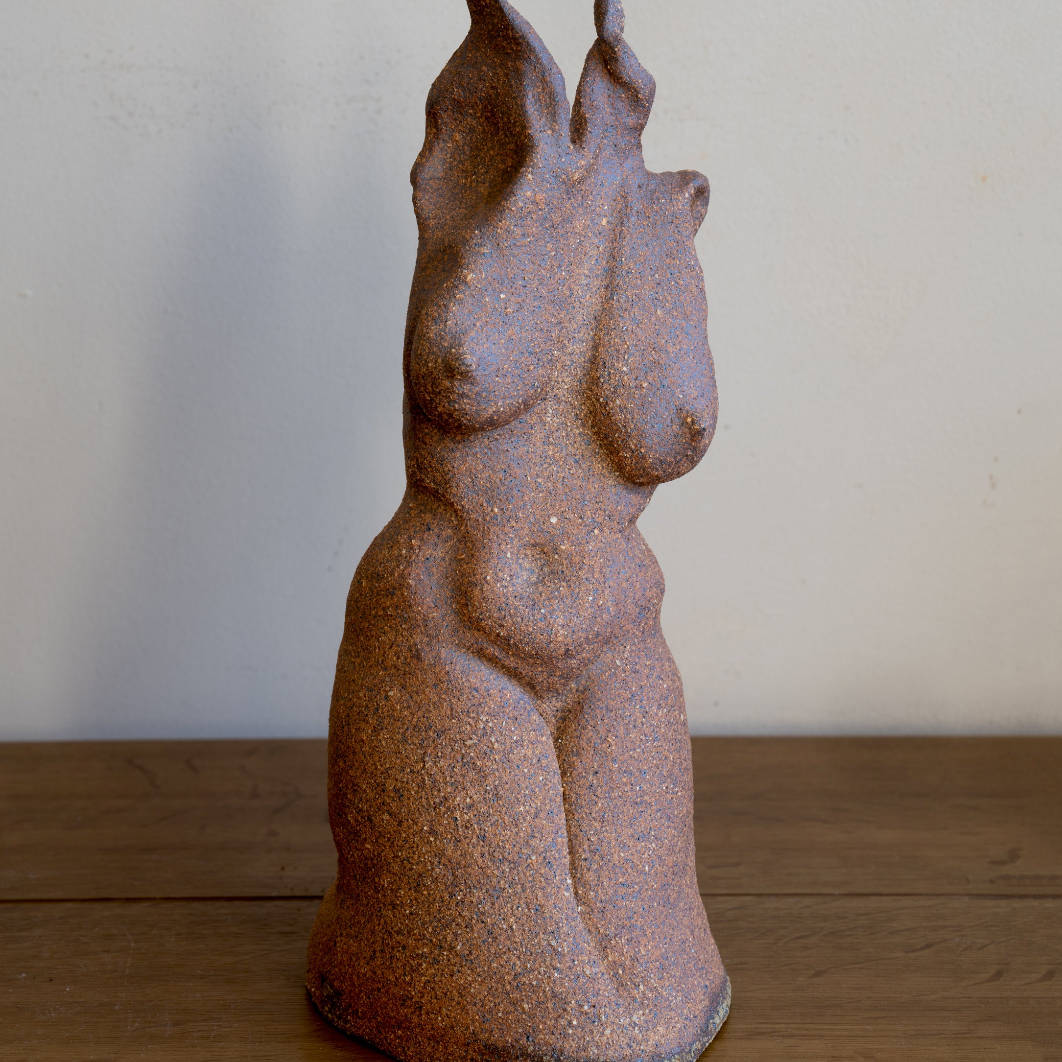 Standing Sculpture II by RM-001 freestanding blue and rust speckled abstract sculpture on wood floor