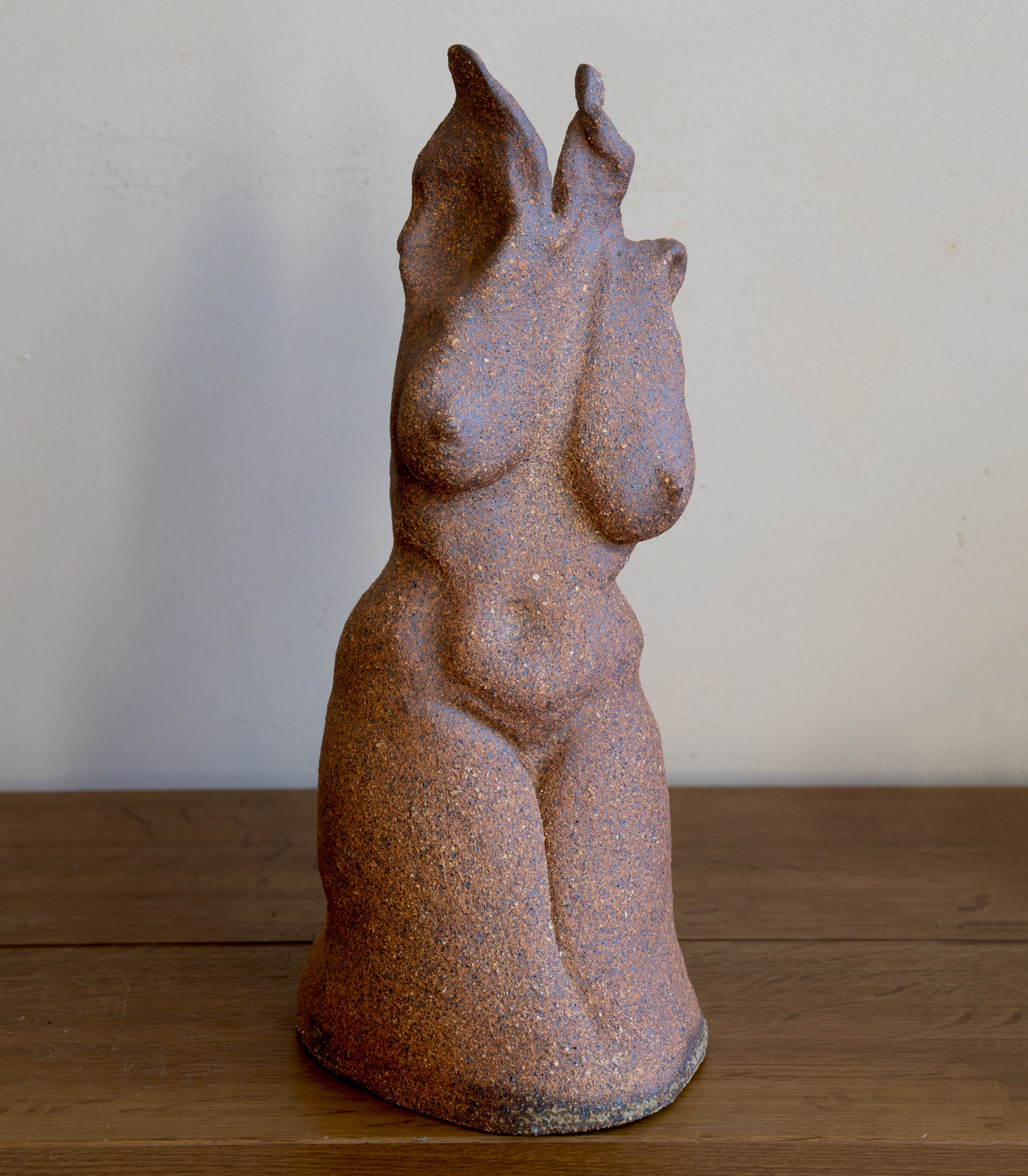Standing Sculpture II by RM-001 freestanding blue and rust speckled abstract sculpture on wood floor