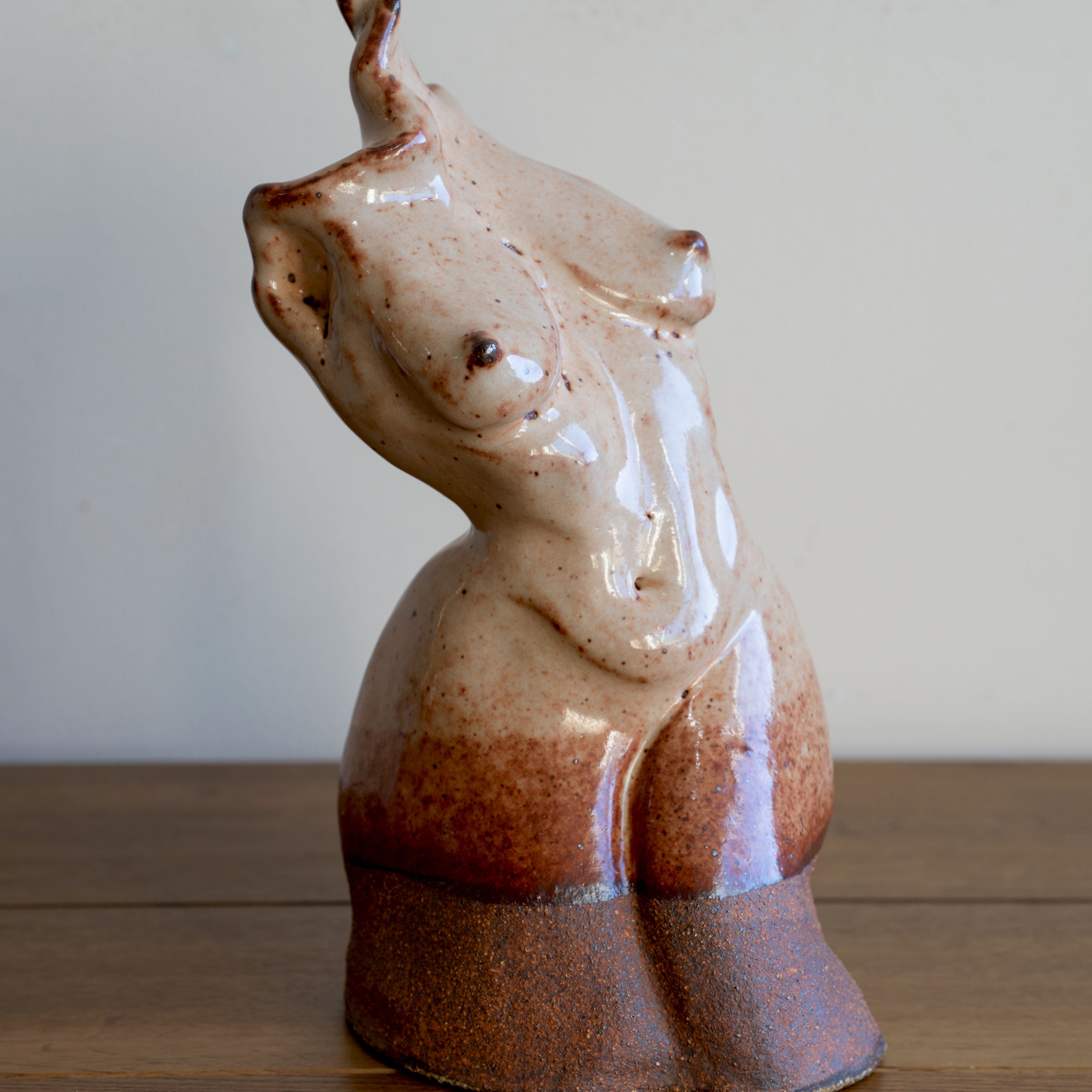Glazed Sculpture I by RM-004 tan ceramic cat figurine with glossy glaze and speckled details